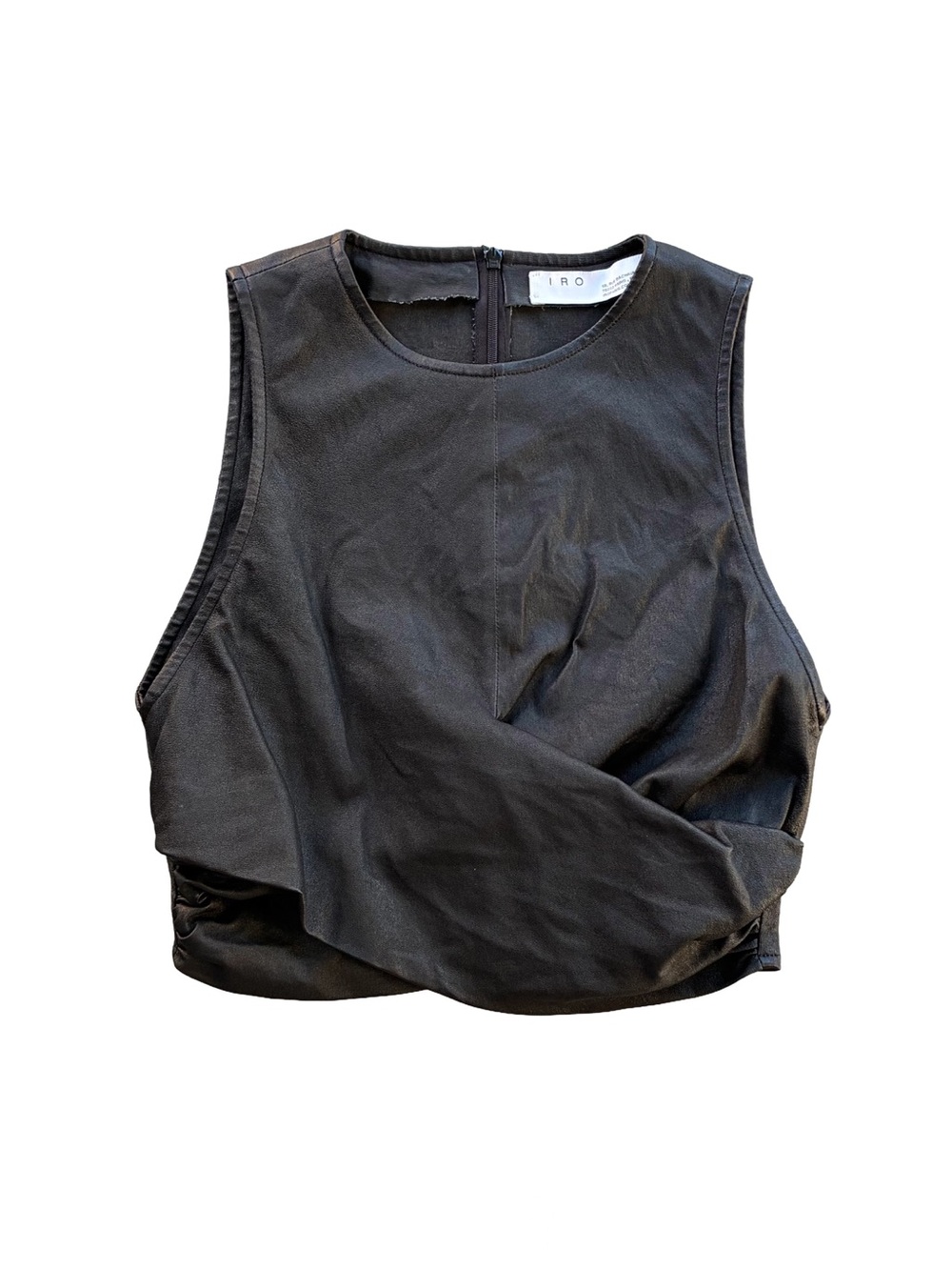 IRO Paris Black Genuine Leather Twist-Front Cropped Top | Size TR 36 (US Small)